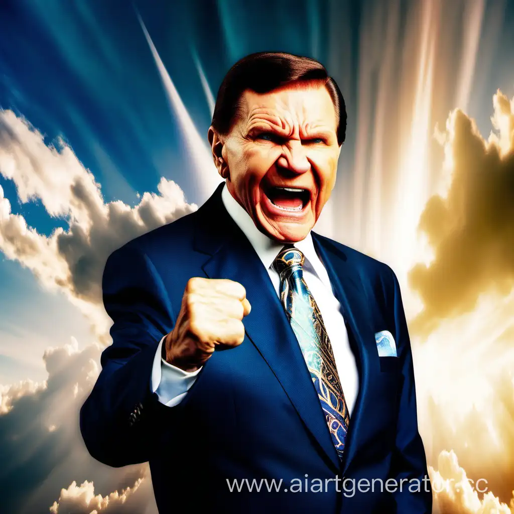 Kenneth Copeland angrily shaking his fist up at the sky