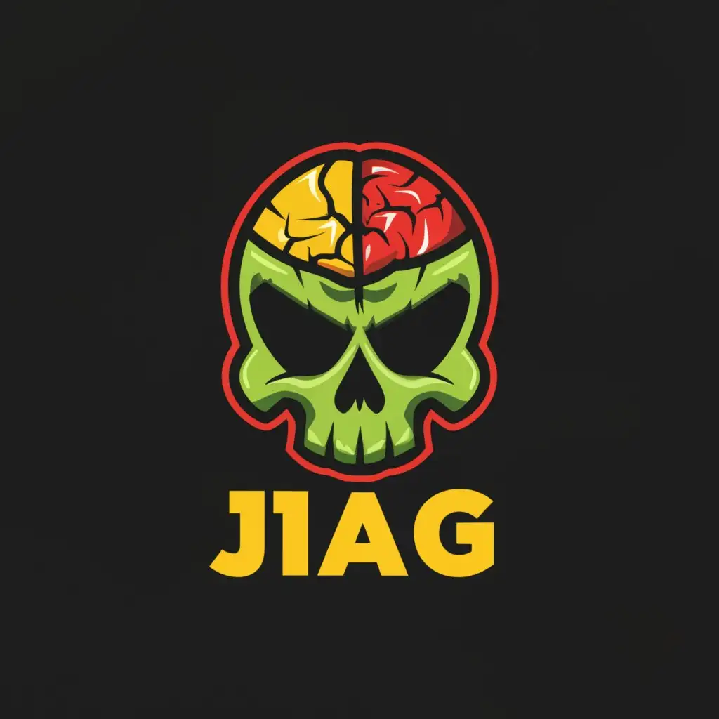 a logo design,with the text "JIAG", main symbol:A yellow cracked skull with its brain sticking out, with green eyes and green teeth and red eyebrows,Moderate,clear background