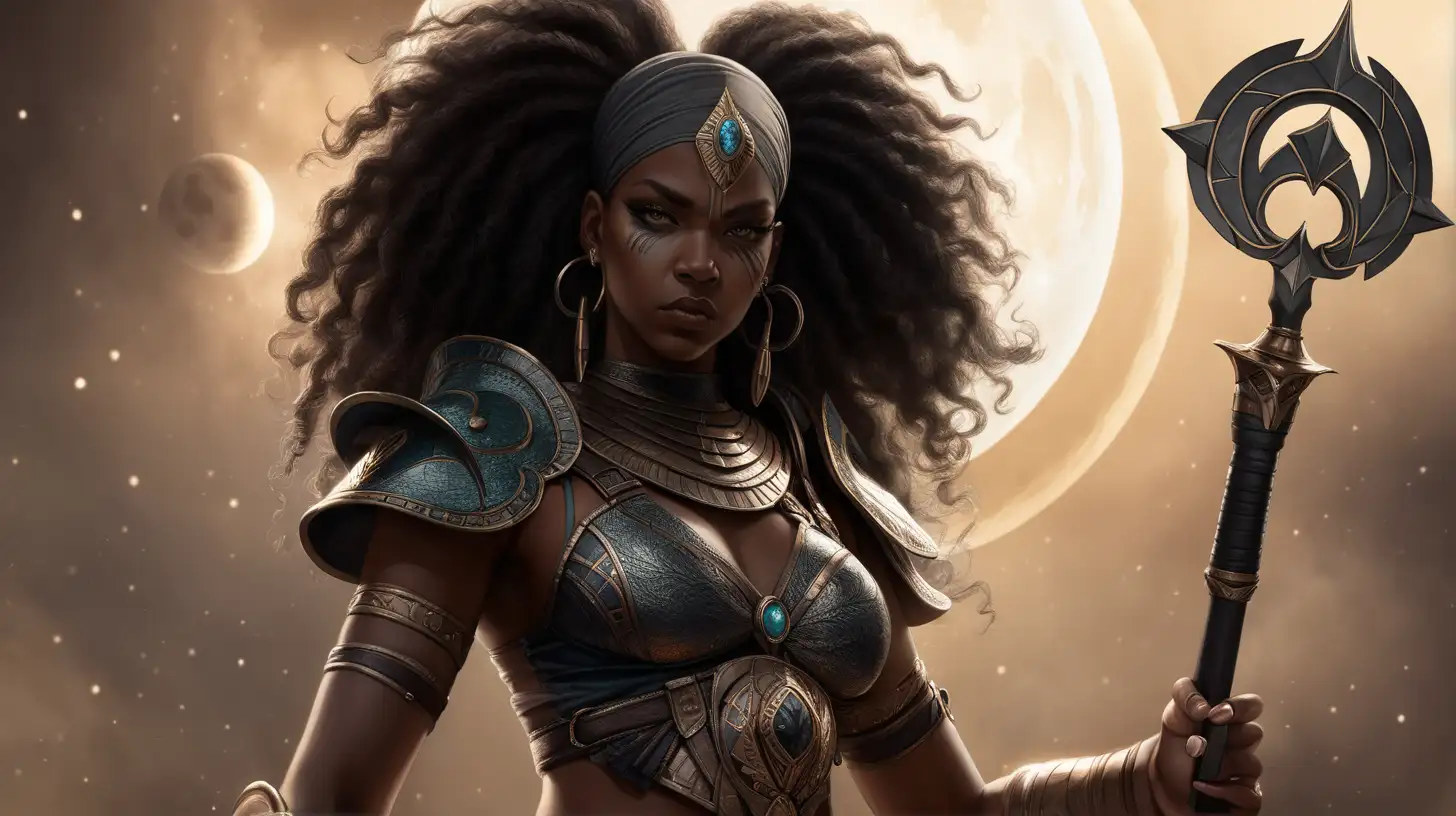 Seraphina African American Warrior Facing Sinister Shadows Creeping over Celestial Bodies