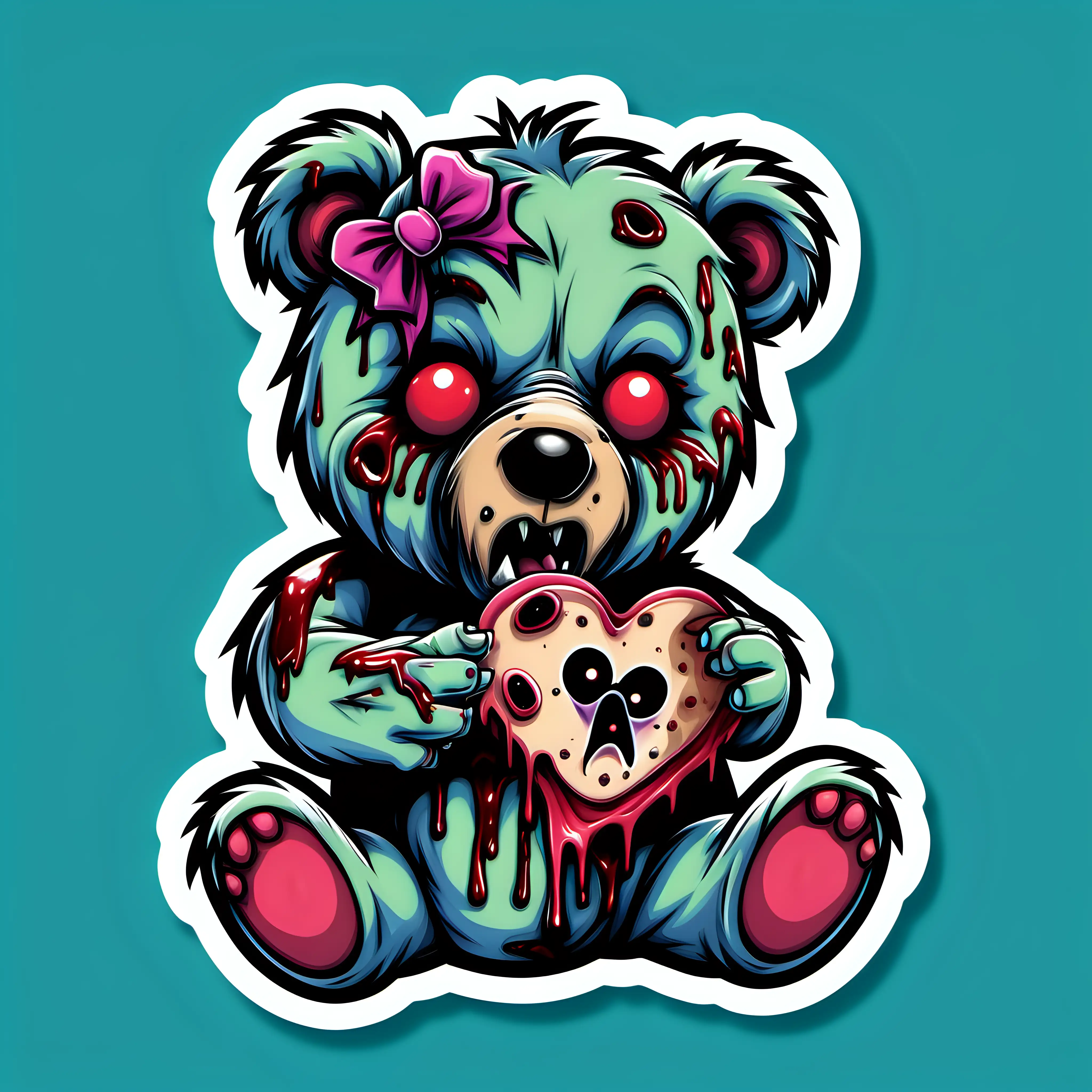 Illustration of Zombie Teddy Bear Eating CareBear Sticker