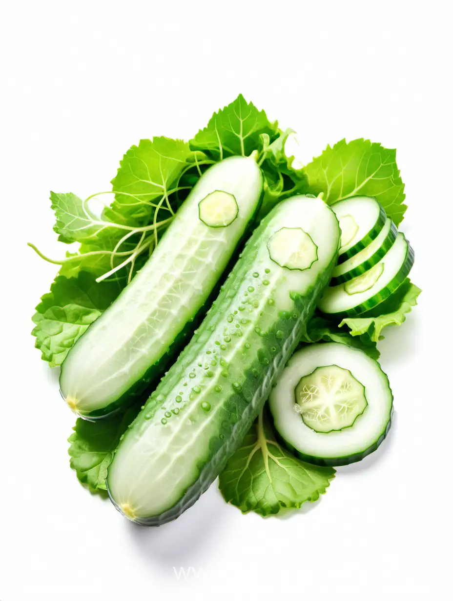 Fresh-Cucumber-Slices-and-Green-Salad-Leaves-Arrangement-on-White-Background