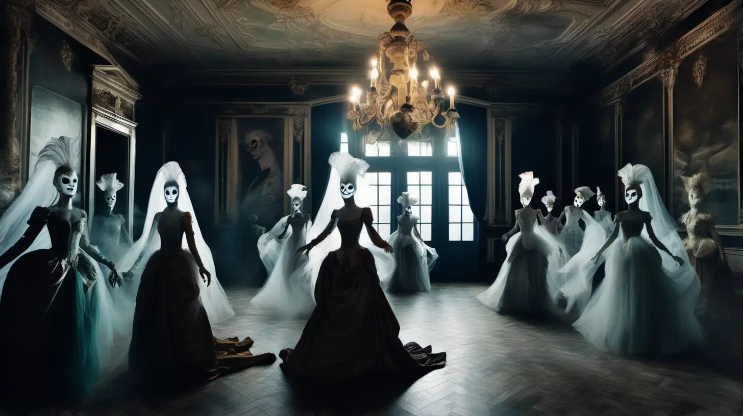 Create a complex AI-generated image of a spectral masquerade ball in a long-forgotten mansion, with ghostly dancers in elaborate costumes, their faces hidden by eerie masks, surrounded by a haunting atmosphere