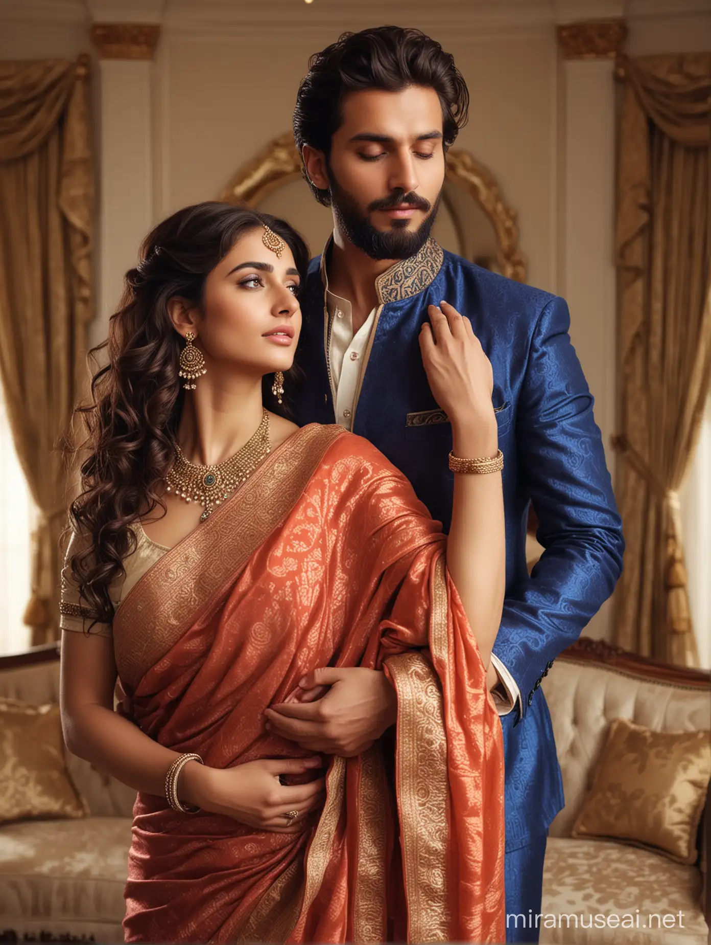 full body view  of most beautiful european couple as most beautiful indian couple, most beautiful girl in elegant bold color saree and long curly hairs, hairs tied  up with hair style stylishly,  big wide black  eyes, full face, makeup, low cut neck, girl embracing with emotion and possessive feeling, pressing face to chest of man, emotional crying with longing feeling, innocence and ecstasy, hands around man neck, man comforting her,  man with stylish beard, perfect hair cut, formals, photo realistic, 4k.
background,spacious modern elite photo room, with luxury sofa set, cream color carpet, elegant interior designs, big window for out side view, vintage lamps, romantic reunion ambience, photorealistic, vibrant colors, intricate details, 8k.