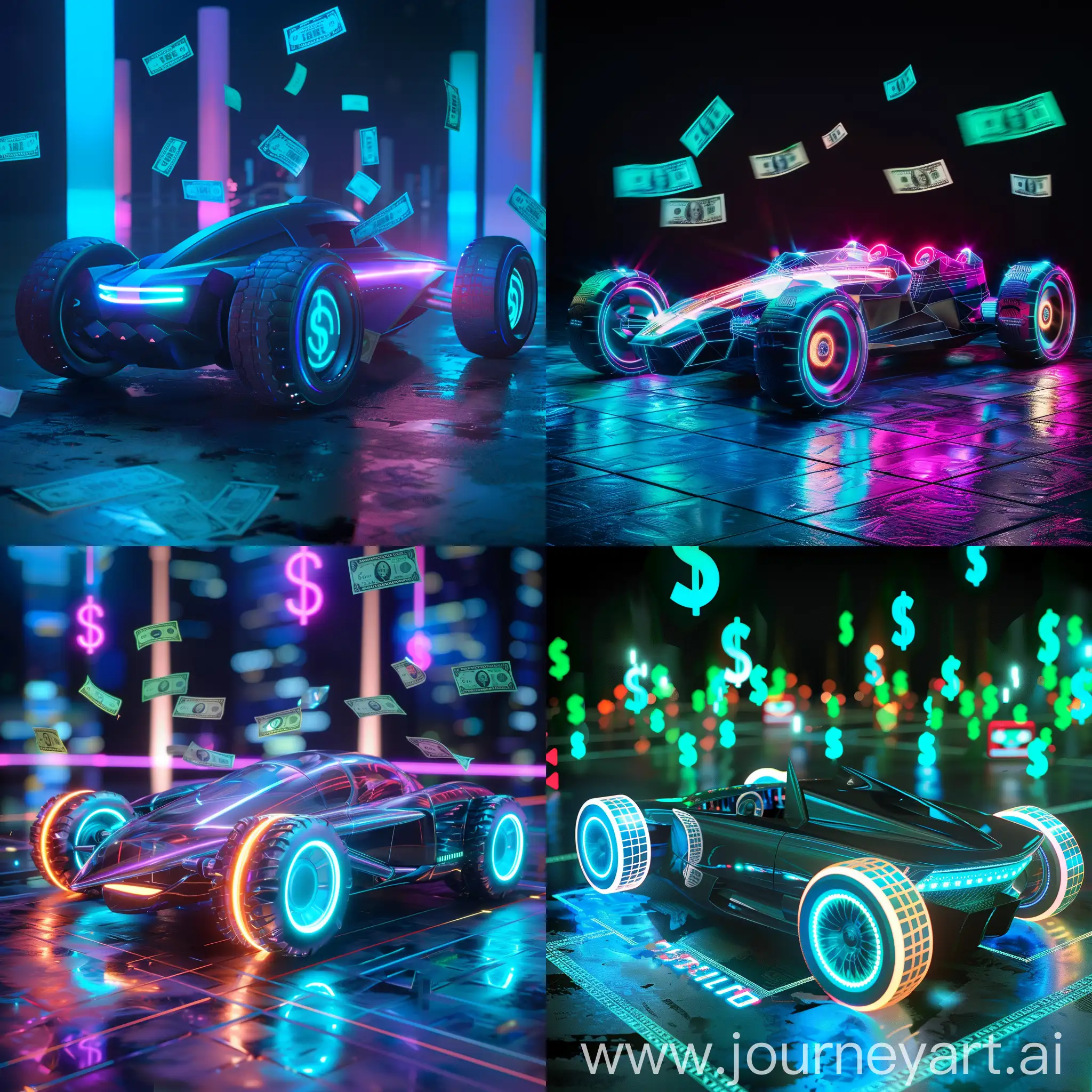 Create a futuristic car with 4 wheels, rgb, and floating dollar signs all around it.