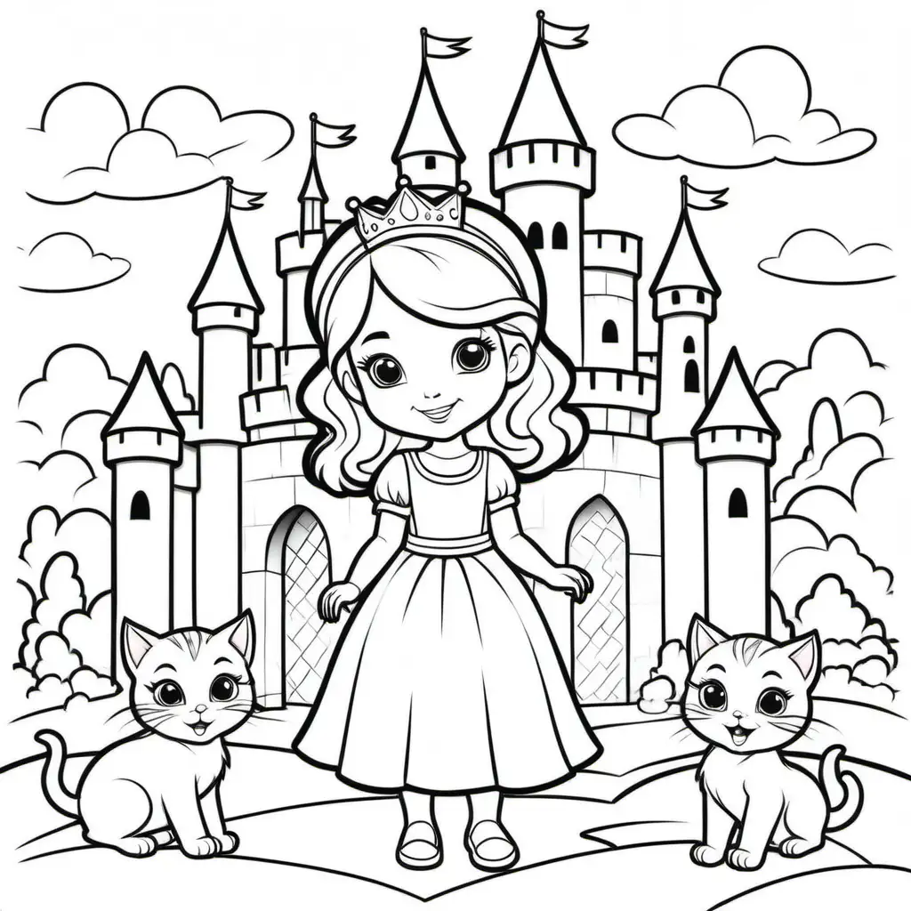 simple coloring book for kids,cartoon style happy toddler princess with 2 kittens in front of a castle no background, thick lines, no shading --9:16--vr5