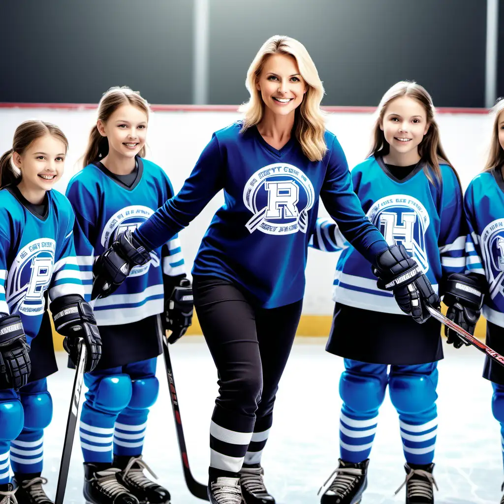 sports movie poster, pretty female hockey coach surrounded by happy and smiling tween girl hockey team