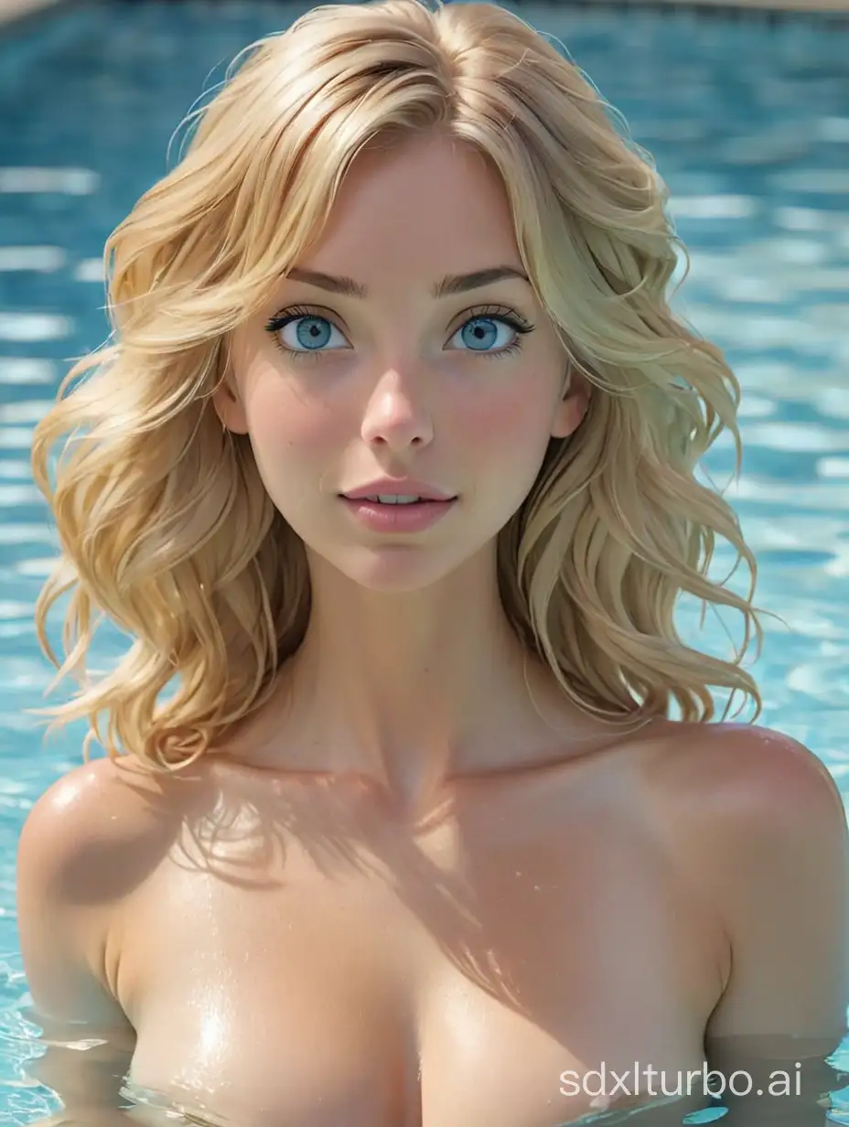 A beautiful woman wear no clothes swimming in pool
Her chest is a 36D
blonde hair and blue eyes
Playful and cute
