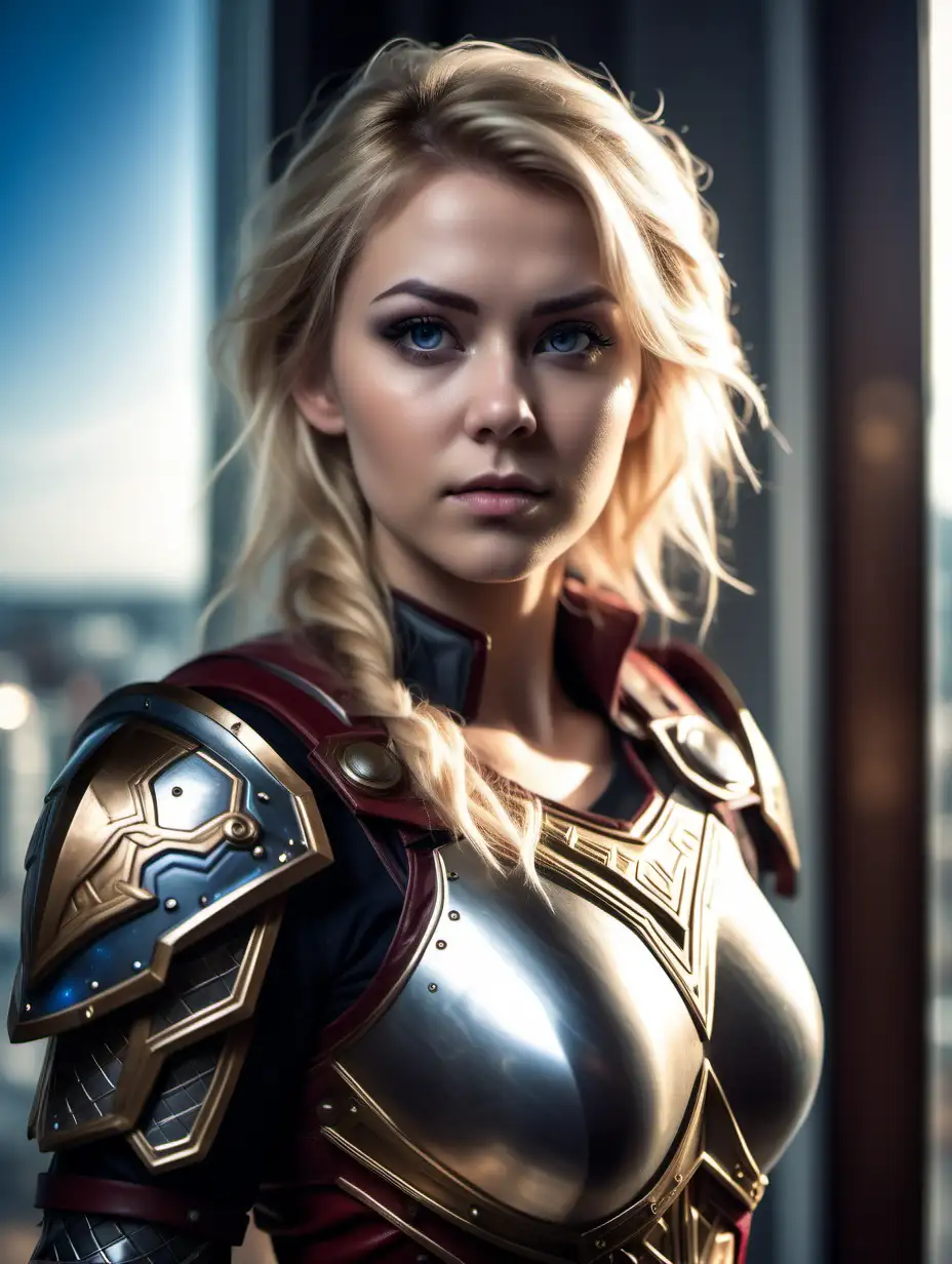 Beautiful Nordic woman, very attractive face, detailed eyes, big breasts, slim body, dark eye shadow, messy blonde hair, wearing Mjolnir armor mark VI cosplay outfit, close up, bokeh background, soft light on face, rim lighting, facing away from camera, looking back over her shoulder, standing in front of a window showing a galaxy outside, Illustration, very high detail, extra wide photo, full body photo, aerial photo