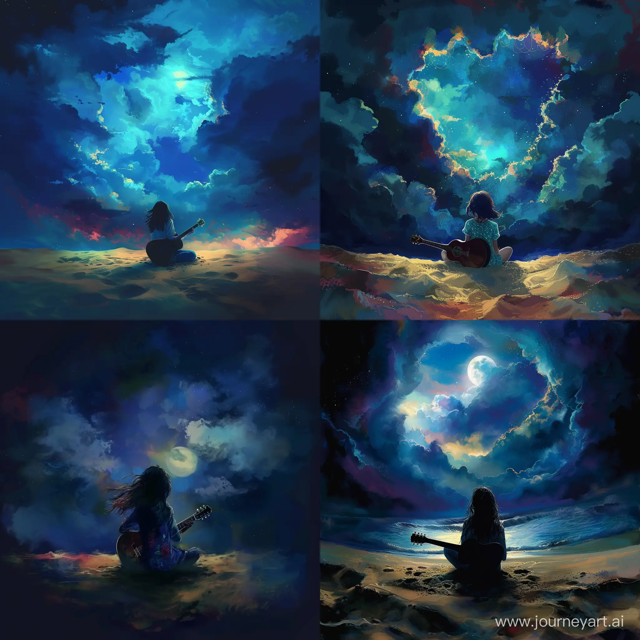 realistic Illustrate a scene where a girl is sitting, sit on a sand in beatch, dark night, play on a guitar, view on back center image, sky with clouds and dark blue colors, colorful