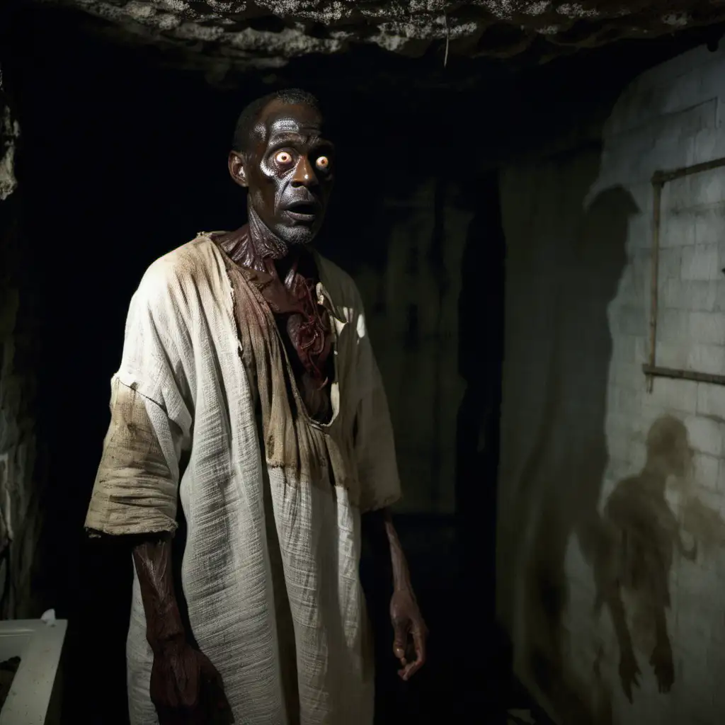 Full colour image. The reanimated corpse of an african American man, deep set sunken eyes that are clouded over white. He wears a rough cut tunic of sack cloth. He is standing is a dimly lit basement.
