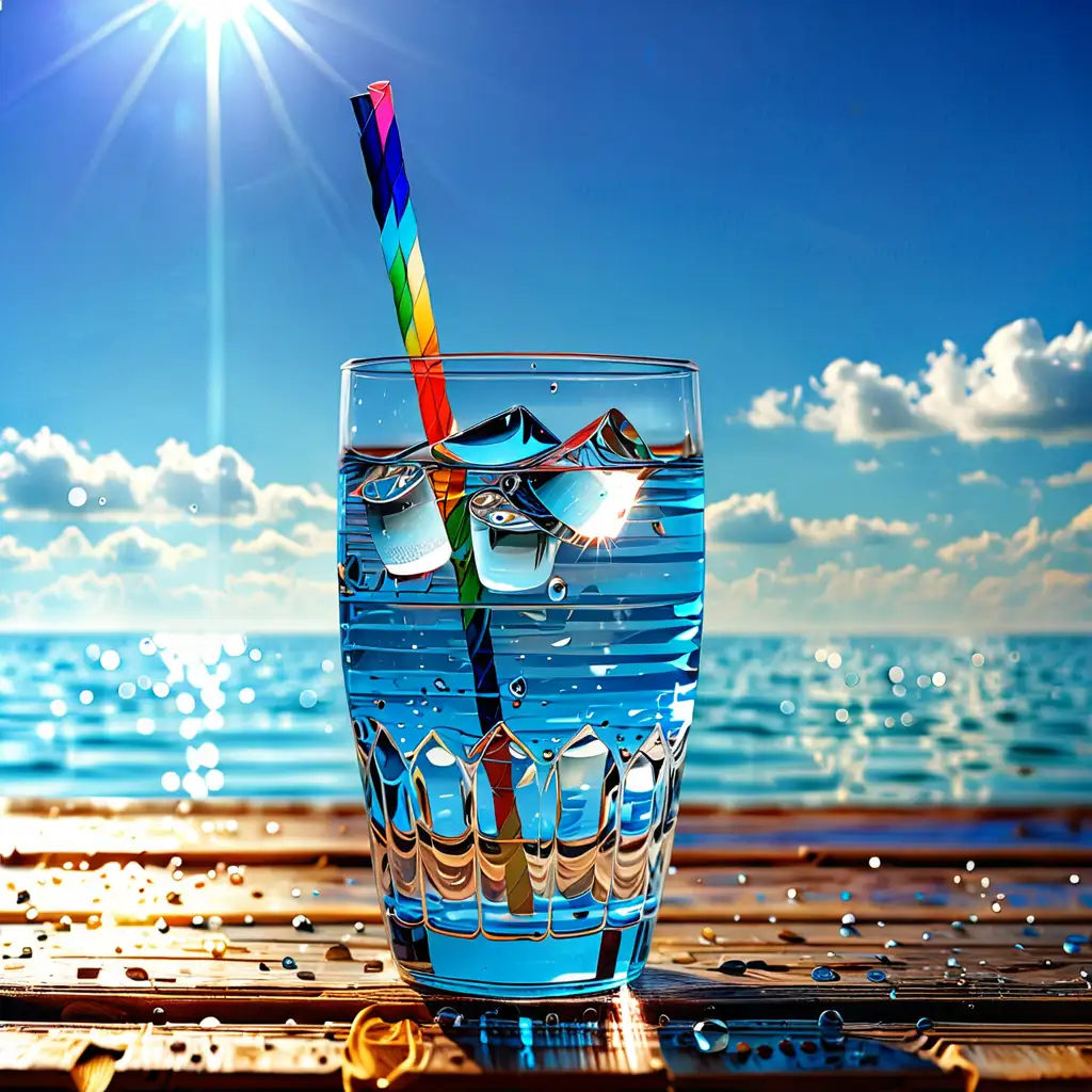 Refreshing Glass of Water on Rustic Wooden Table under Clear Blue Sky