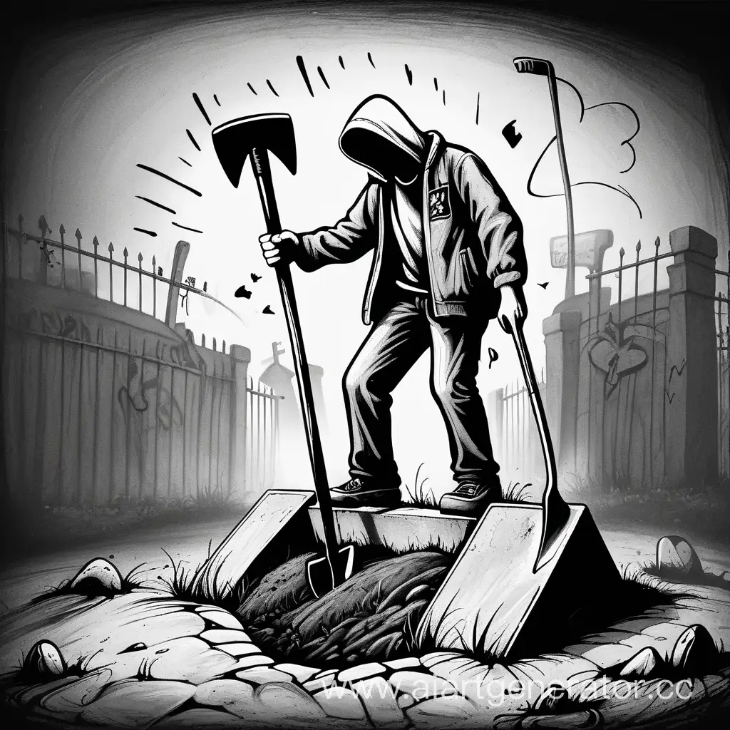 Нарисуй картину в стиле граффити где человек восстаёт из своей могилы с лопатой в руках