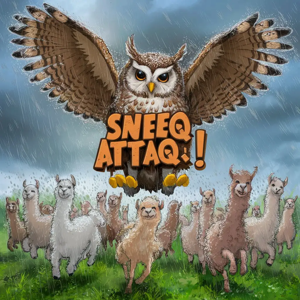 Llamas-Running-in-Field-with-Owl-in-Pursuit-SNEEQ-ATTAQ-Scene-with-Rain