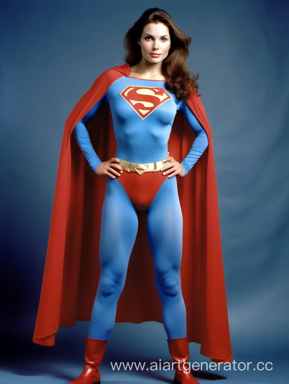 A beautiful woman with brown hair. Age 27. She is happy and muscular. She has the physique of a bulky body builder. She is wearing the classic Superman costume worn by Christopher Reeve in "Superman The Movie", with (blue leggings), (long blue sleeves), red briefs, red boots, and a long cape. Her costume is made of very soft cotton fabric. She is posed like a superhero. Strong and powerful.