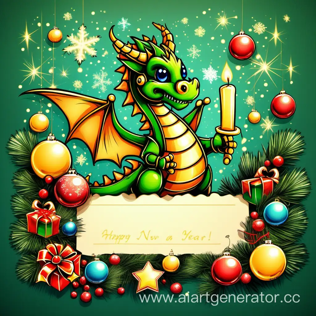 The postcard depicts a beautiful winter landscape. In the center of the postcard you can draw a majestic dragon symbolizing the year 2024. The dragon can be depicted with emerald scales, huge wings and kind eyes. Place a lot of bright and colorful gifts under the dragon, which symbolize the well-being and joy that the new year will bring.

But the postcard is not limited only to the dragon and gifts! Add elements of artificial intelligence to it, for example, an assistant robot that helps with holiday preparations. The robot can be a cheerful yellow color, with a smile on its face and skillfully manage a lot of New Year's affairs.

Don't forget to add a lot of small Christmas elements to make the card even more fun and festive. You can draw snowflakes, Christmas tree toys, candles, stars and other New Year symbols. Place them all over the postcard to create an atmosphere of magic and anticipation of the holiday.

Feel free to use your imagination and creativity to make this New Year's card truly unique and special. I am sure that your friends and family will be delighted with such a festive greeting!