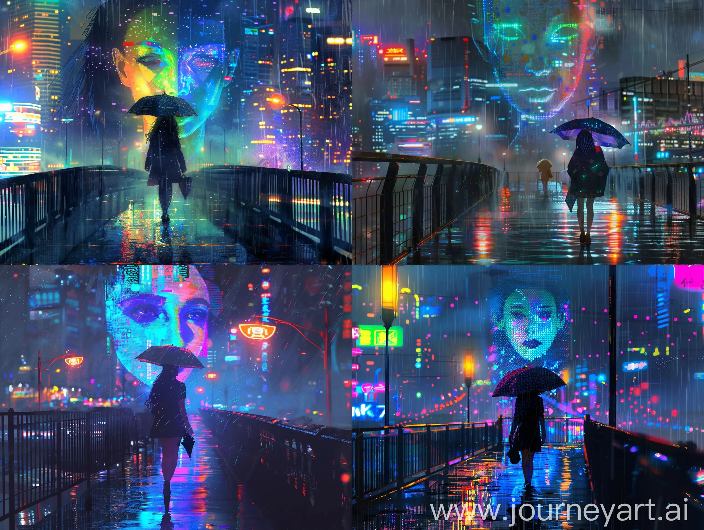 A girl walks on a bridge at night in the rain, holding an umbrella, with colorful city lights and a holographic face in the background, cyberpunk, moody