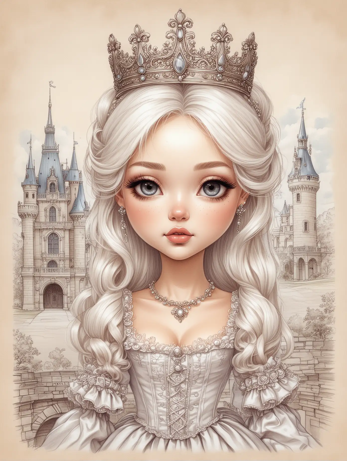 realistic pencil drawn sketch outline of a beautiful woman, chibi style, she has white hair, plump lips, big almond eyes. She is dressed in Marie Antoinette french queen outfit, crown, high heels, with the castle of Versailles behind her 