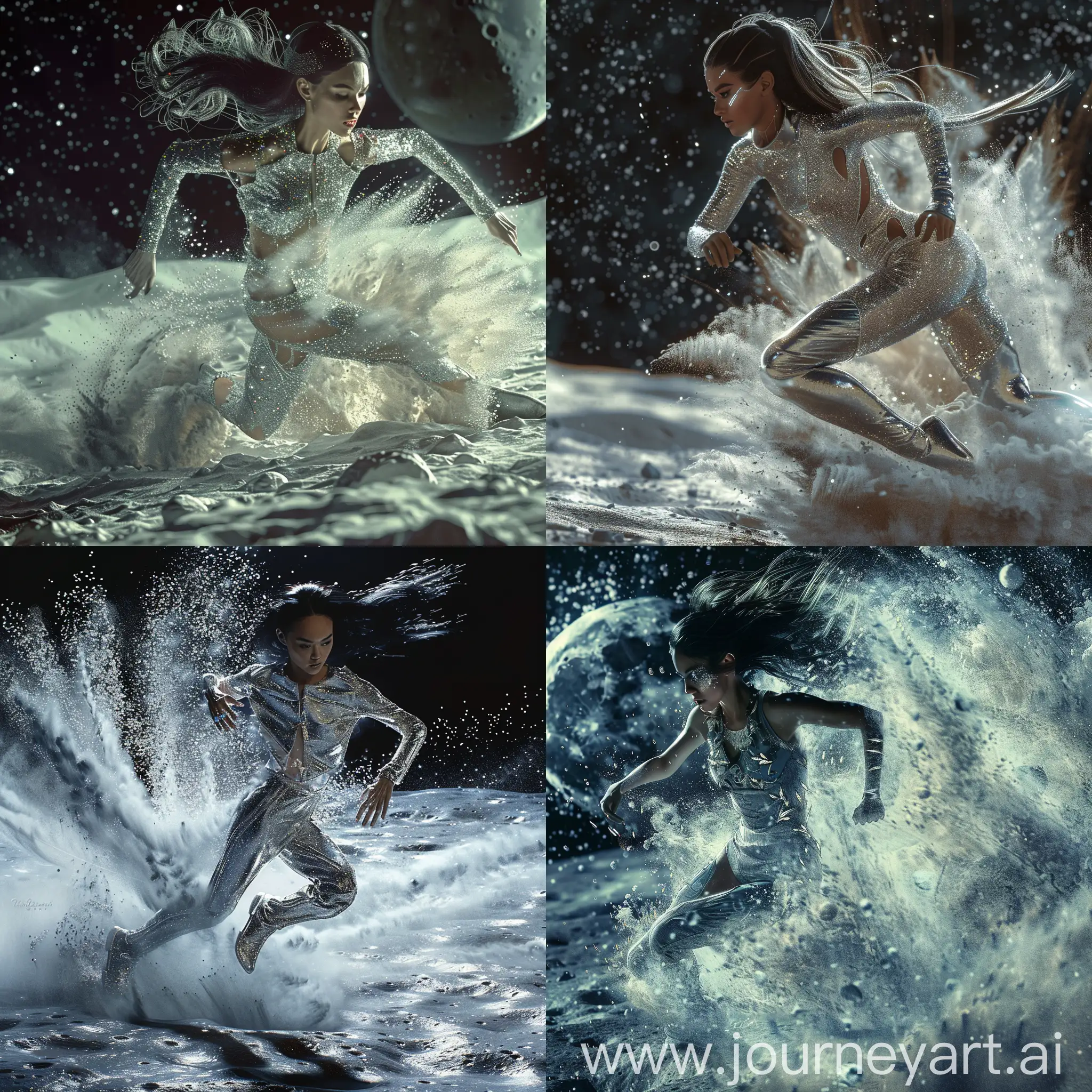 A beautiful futuristic otherworldly girl running on the moon creating a storm of dust behind her. She has dark hair, glittering shimmering skin and is wearing a silver outfit. Beautiful magical mysterious fantasy surreal highly detailed