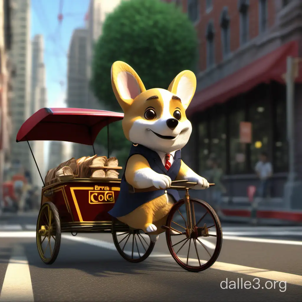 The brave and cute corgi is working as a rickshaw runner in the city, with a determined face, anthropomorphic animal , detailed, painting,character,detailed, design by mark ryden and pixar and hayao miyazaki, unreal 5, daz, hyperrealistic, octane render