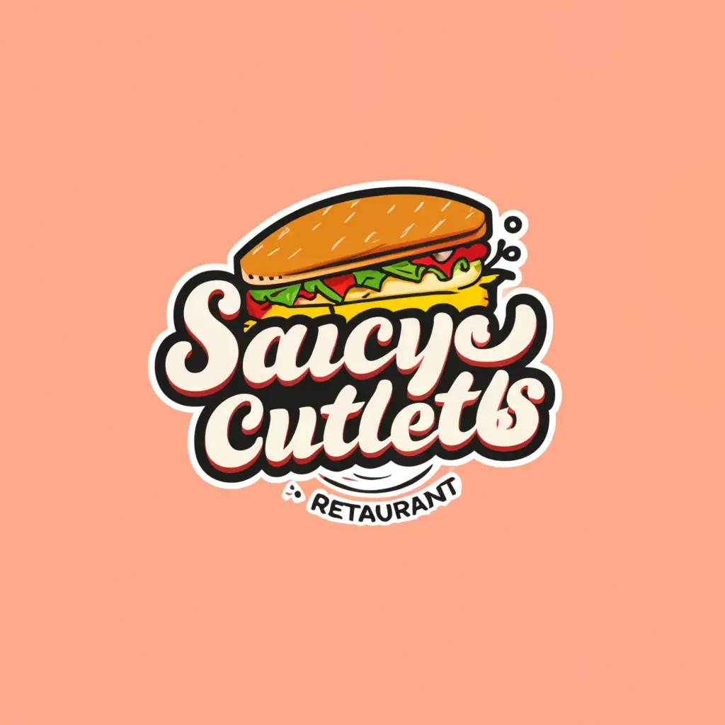 a logo design,with the text "Saucy Cutlets", main symbol:Vibrant images showcasing a variety of cutlet sandwiches bursting with color and flavor, inviting customers to embark on a culinary journey.,Moderate,be used in Restaurant industry,clear background