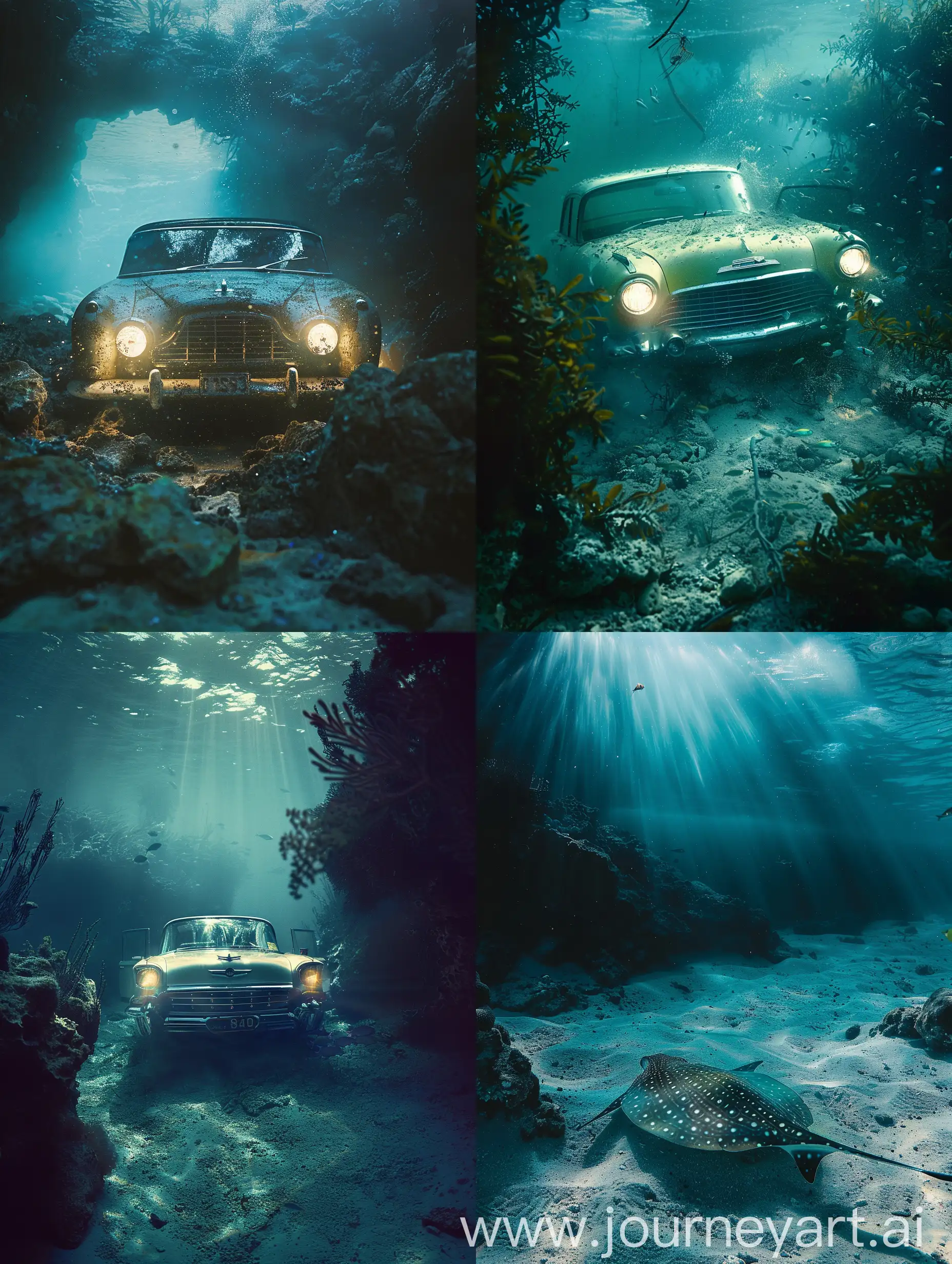 image of a car from the 50's, exploring the Caribbean seabed, lights on, fish around, intricate details, best resolution, 8k, , summer gentle light, cinematic style, shot with Kodak Portra 160::2; in the style of Peter Lindbergh:: 2 --style raw