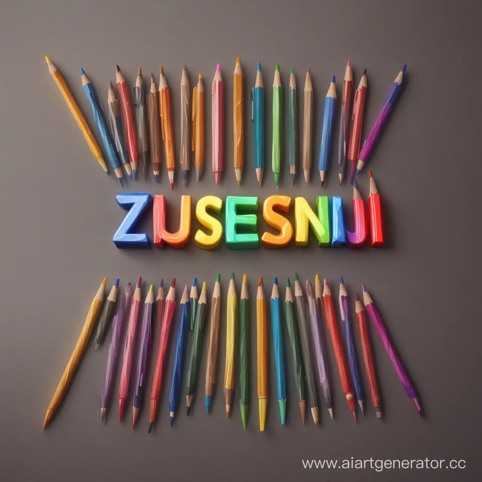 Слово zausenskii animation в радужном цвете стоит по середине по бокам карандаши 