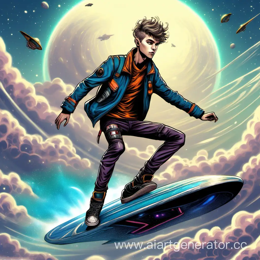 Skinny young guy, short hair, fantasy rebel outfit, riding a flying space surf