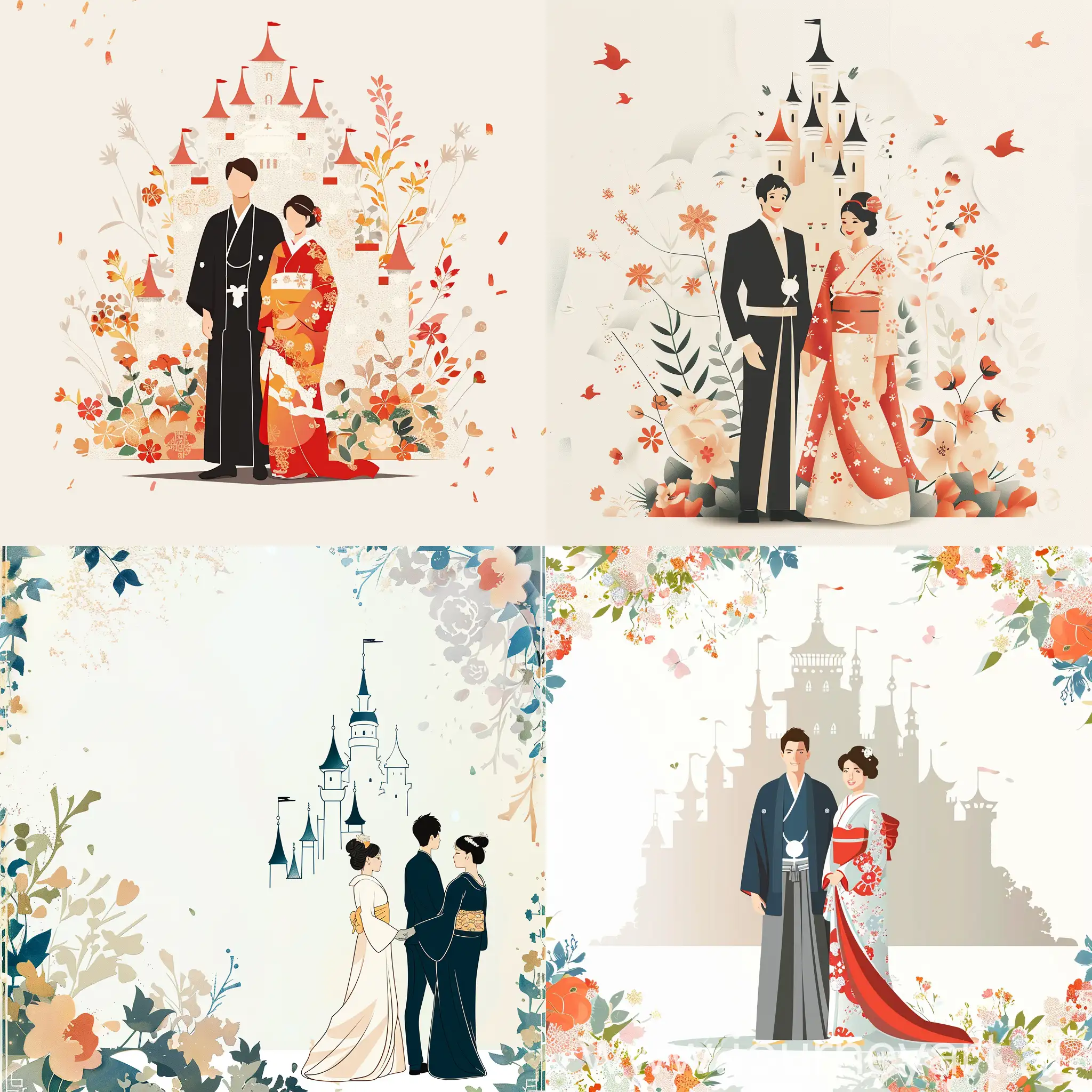 japanese bride and groom, japanese traditional wedding style, affectionately standing front, clean white japan style background, charming, design, delicate shadows, backround floral castle , whimscal, a bride and groom wedding invitation with included and the bride and groom backs