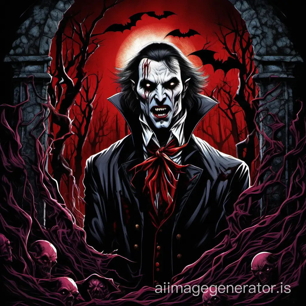 Imagine a terrible blood skinned vampire in the style of Keith Parkinson. masterpiece, best quality, High contrast, colorful, stark, dramatic, detailed background, high quality, by Keith Parkinson,