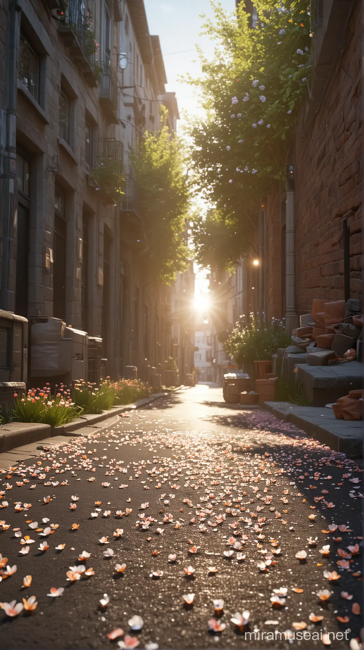 Enchanting Floral Street Scene with Cinematic Lighting