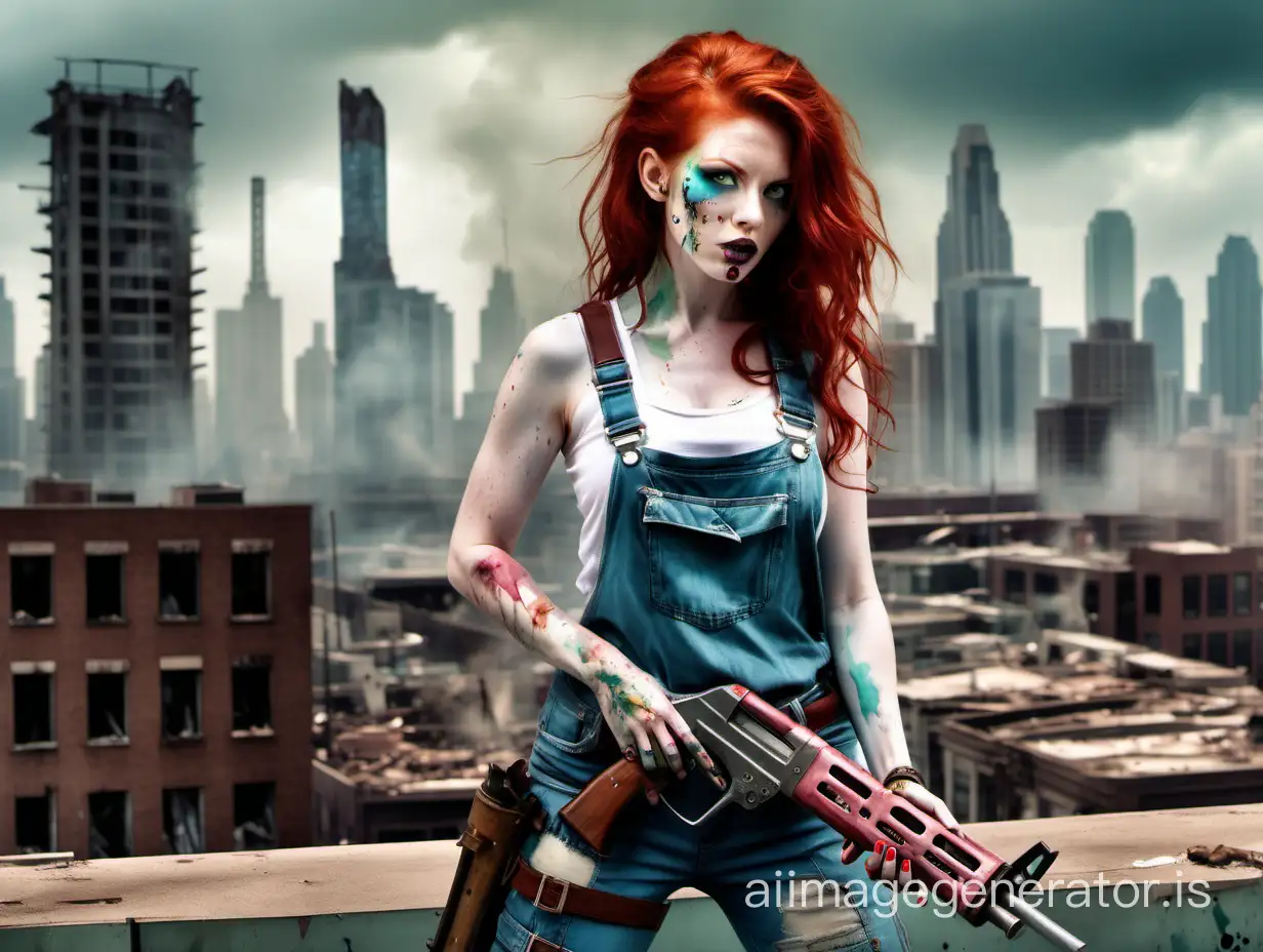 Create a photo of pastel colors, steampunk, water color (...or alcohol ink) of a redheaded woman with ripped overalls, tank top, holding a shotgun(...or Machete ), she is strong, resilient, invincible,zombies surrounding her, tall buildings behind her, cityscape. 