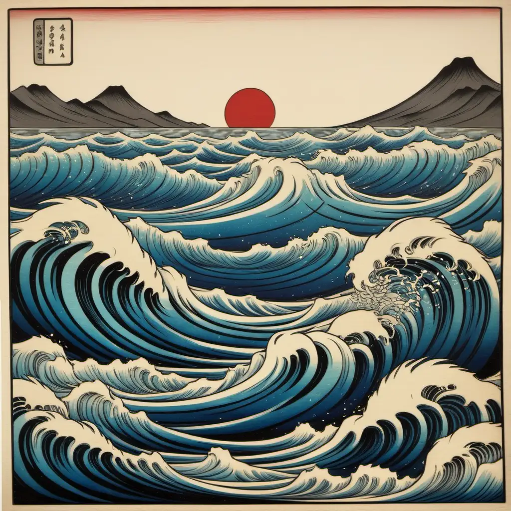 Whimsical Minimalist Sea in Japanese Woodblock Style