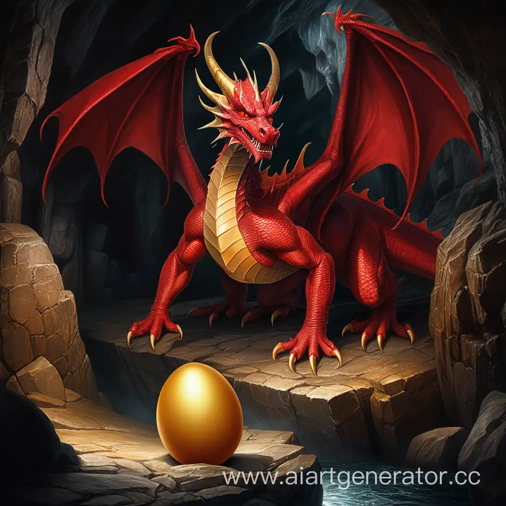 В тёмной пещере лежит Большой красный дракон, рядом с ним лежит одно золотое яйцо