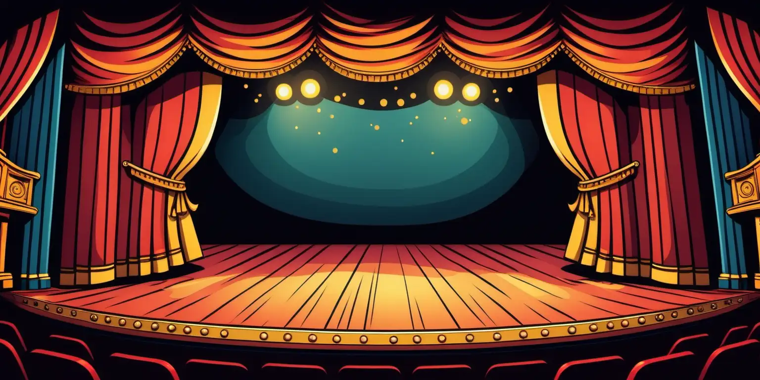 Vibrant Cartoon Theatre Stage with Playful Characters Performing
