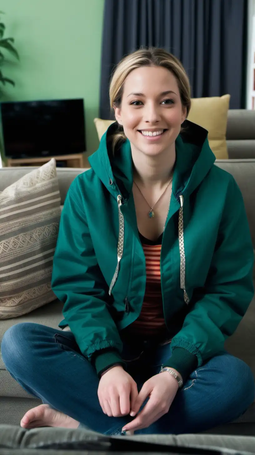 Smiling Woman in Stylish Dark Green Jacket Relaxing on Couch