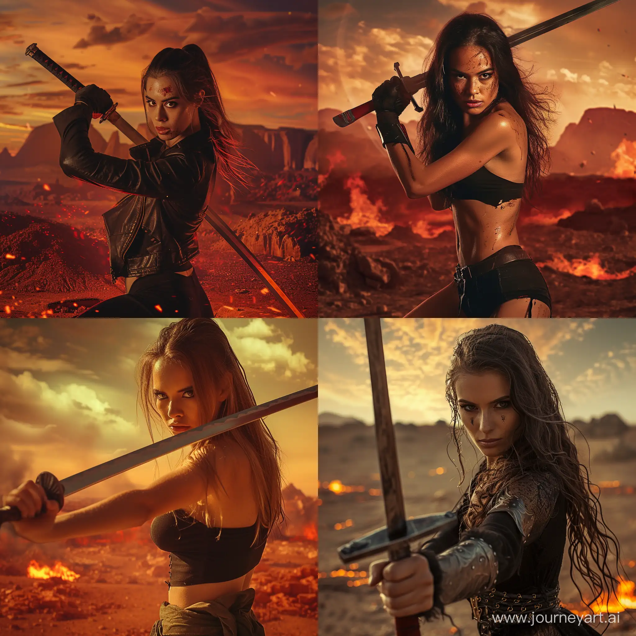 beautiful woman, holding a sword, sci-fi landscape, scorched earth, apocalyptic, ready to fight