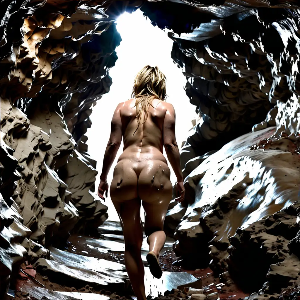 View from behind as Hillary duff nude and covered in sweat running deeper into an underground cave 