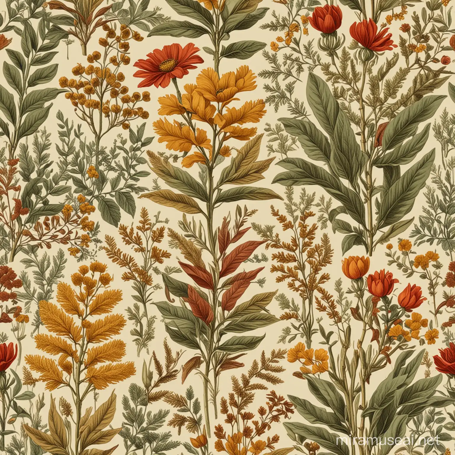 Vintage Botany: Inspired by nostalgic botanical book illustrations from bygone eras. Use earthy tones like mustard yellow, rust red, and olive green for a warm and cozy feel. The design should be detailed yet approachable to create a timeless and popular look.
