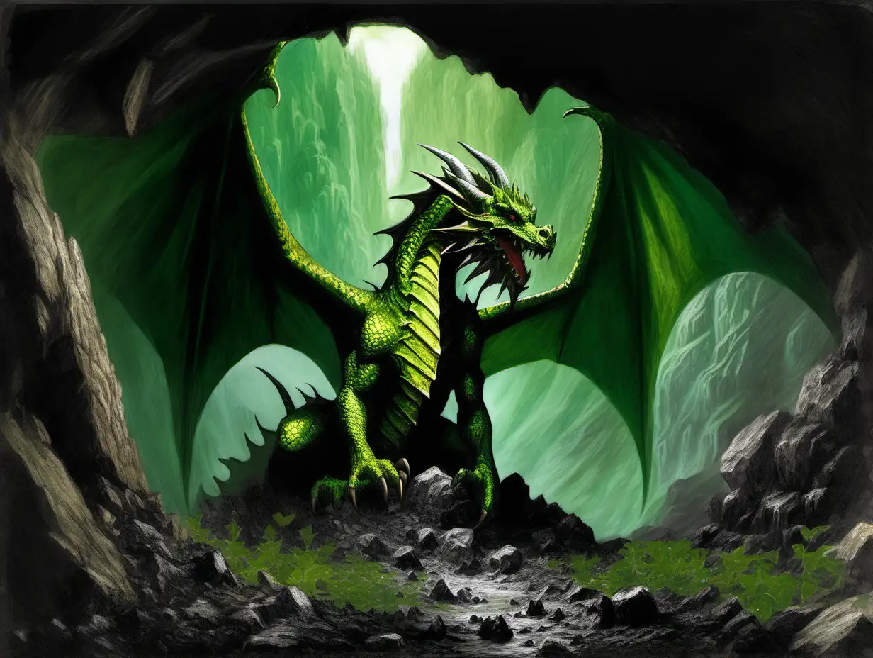 green dragon, dark cave soil, Medieval fantasy painting, MtG art