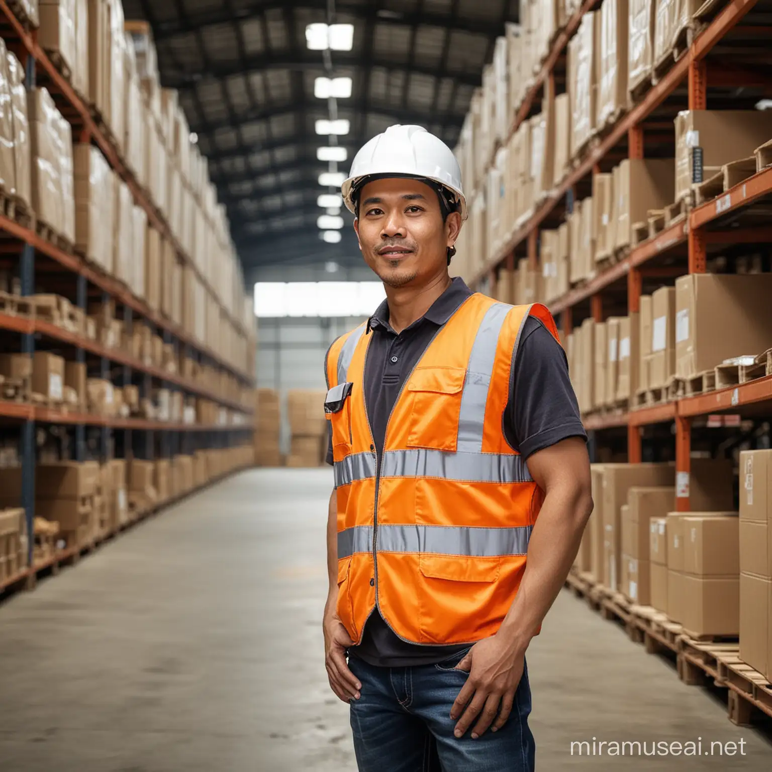 Professional Indonesian Warehouse Worker in Safety Gear