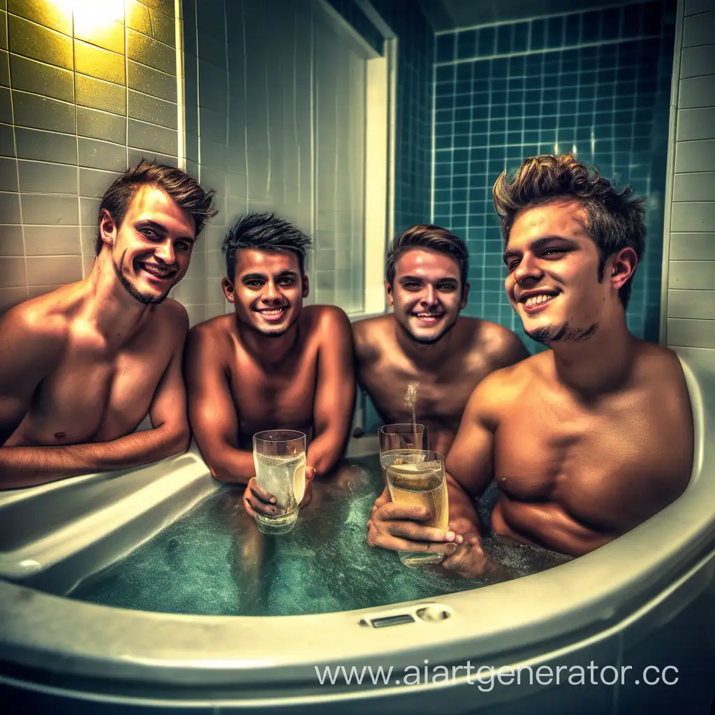 4 парня в ванной , джакузи, выпивка , веселье , hdr