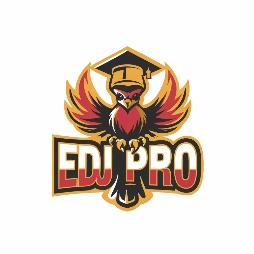 logo, fire bird with graduation hat with color black, gold and red, with the text "Edu Pro", typography