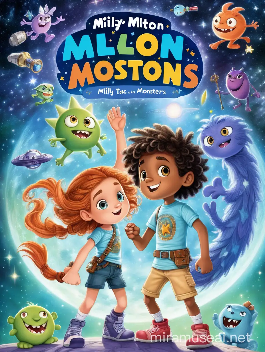 Join Milly and Milton, two brave children from different worlds, as they unite to defeat the star monsters threatening their magical galaxy. With animated fun and soft colors, this captivating children's book cover promises an enchanting adventure of friendship, bravery, and saving the cosmos. include book title : Milly and Miltons take on Star monsters