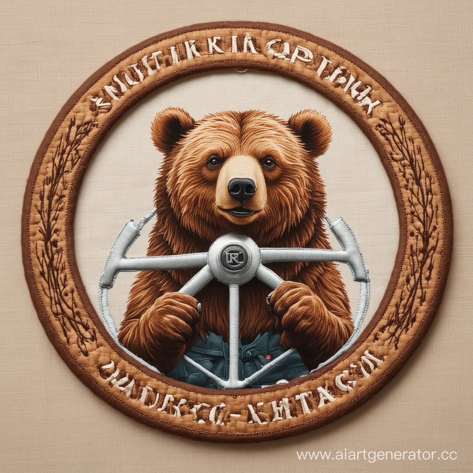 Логотип автомобильной швейной мастерской, на котором изображен медведь, который грызет руль. Название швейной мастерской "Рули Грызли"