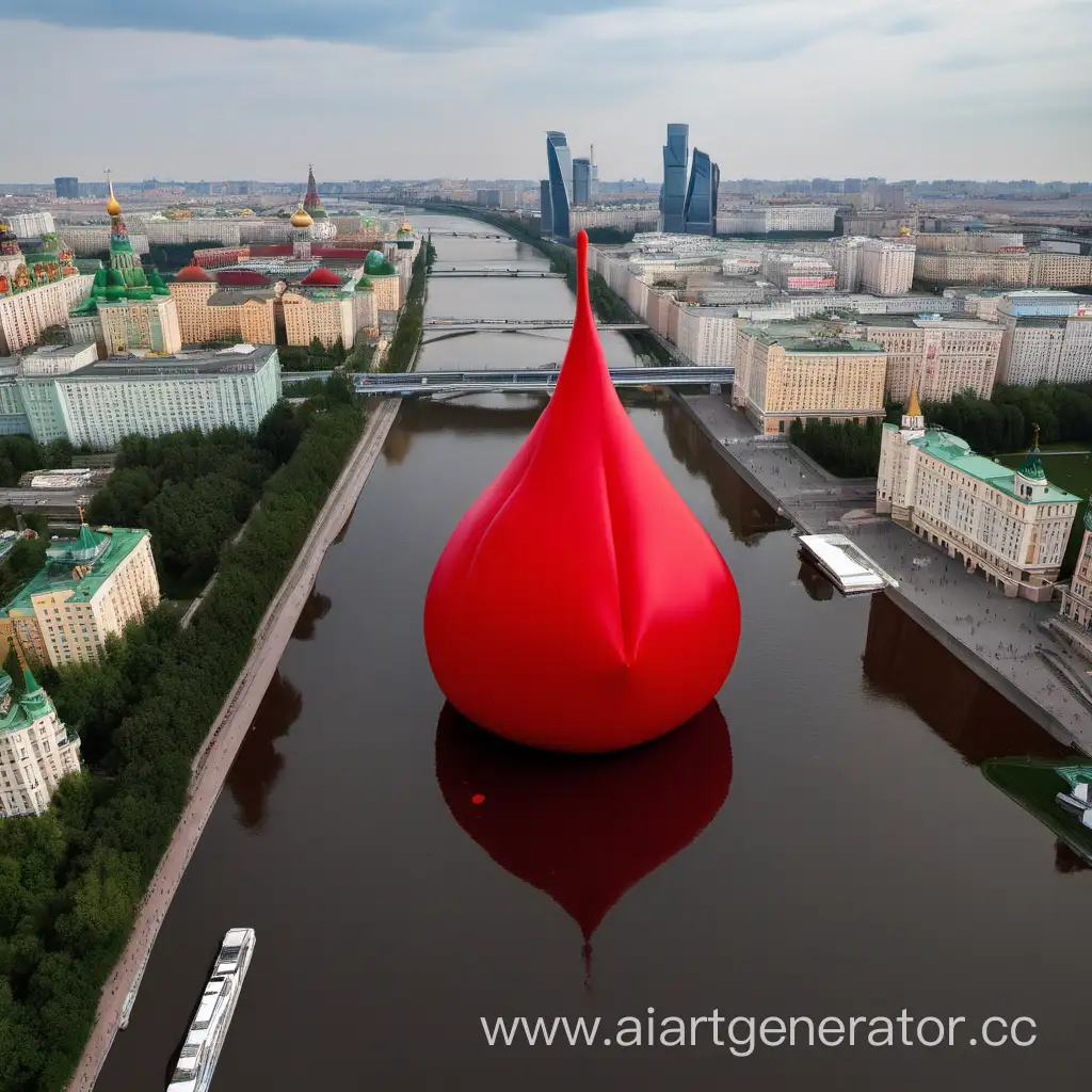 Большая надувная капля крови, плывущая по реке в центре Москвы