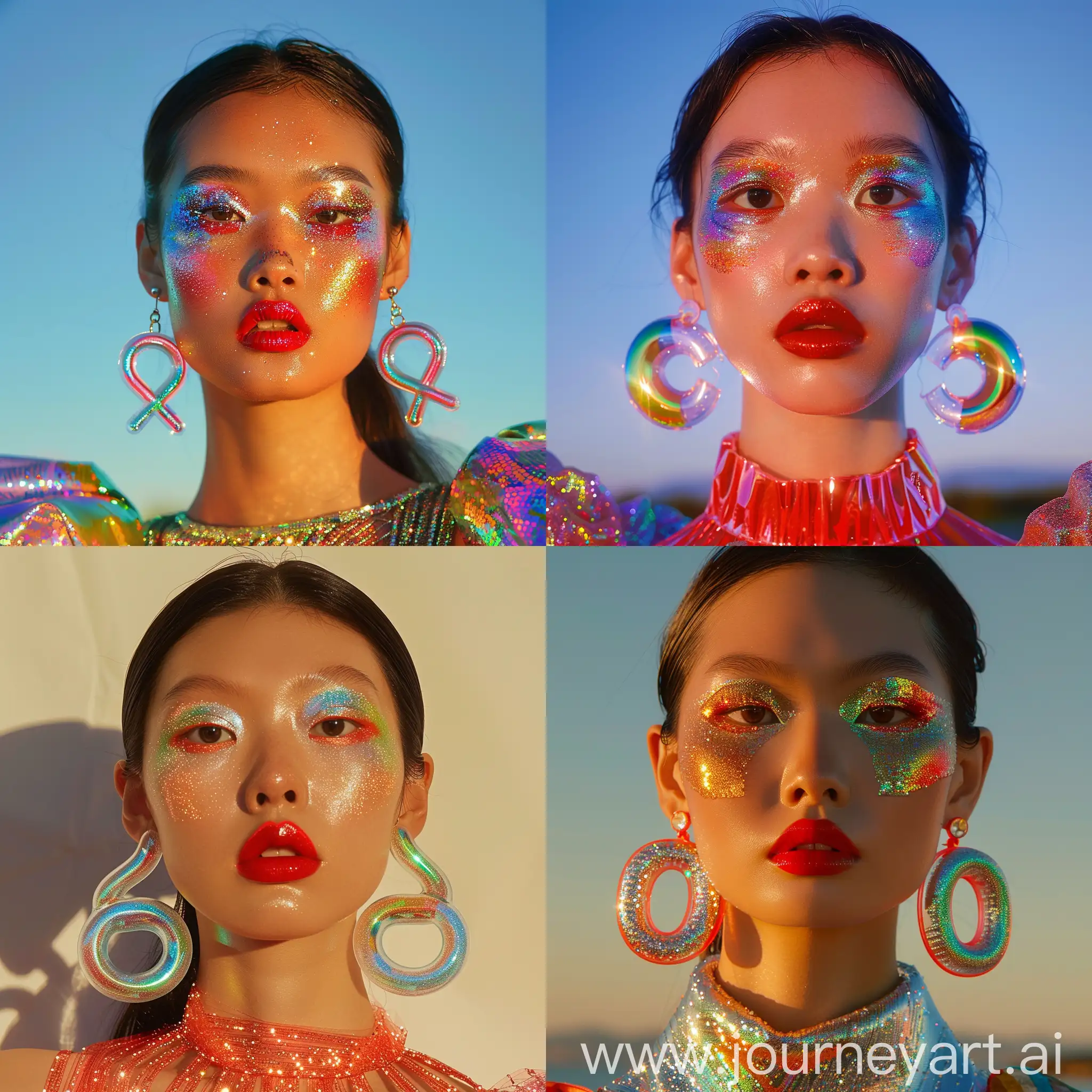 Asian-Model-Showcasing-Iridescent-Infinity-Earrings-and-Glittery-Red-Carpet-Look