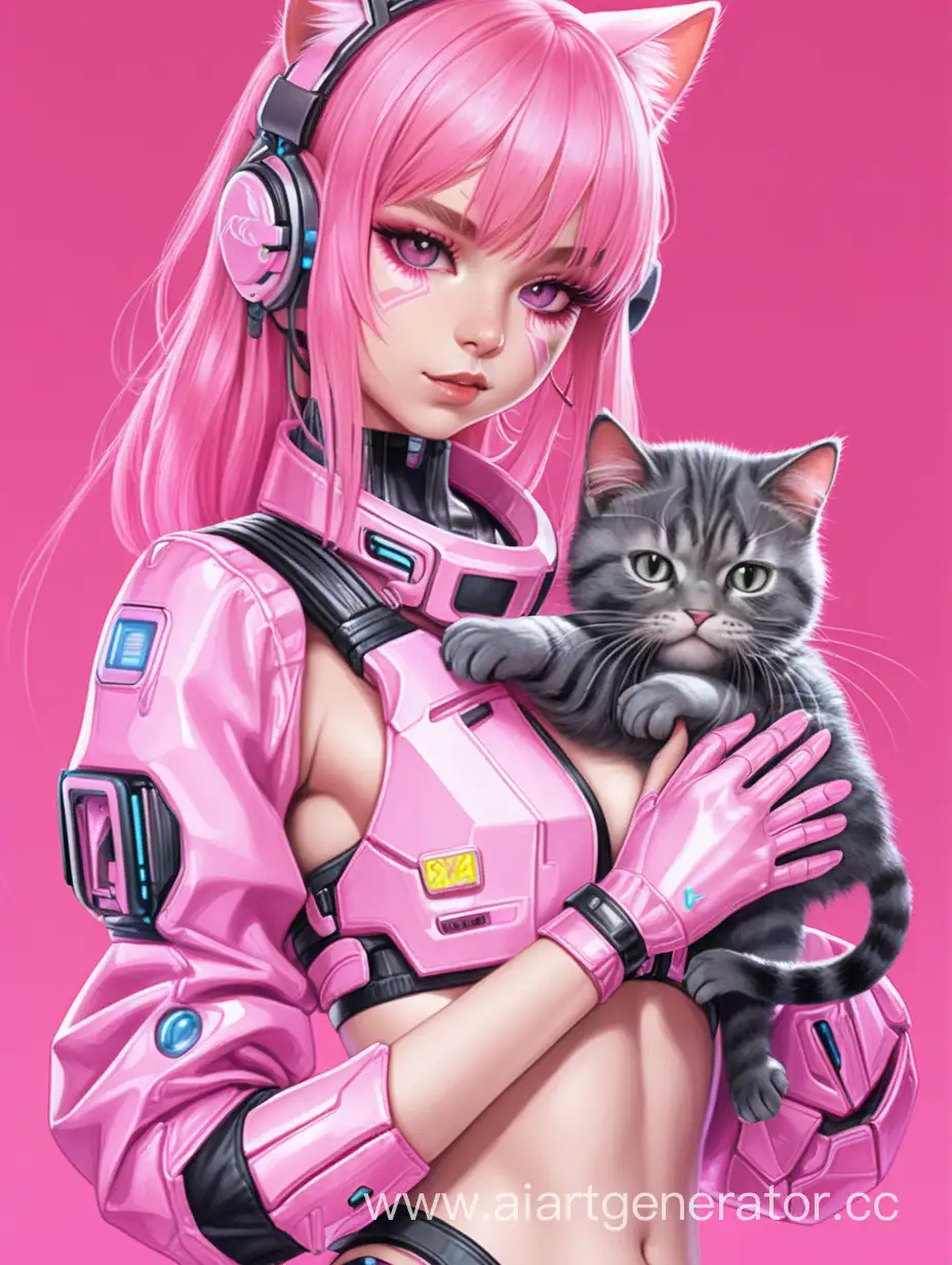сексуальная кибер девушка кошка нежно розовая с кошкой в руках 
