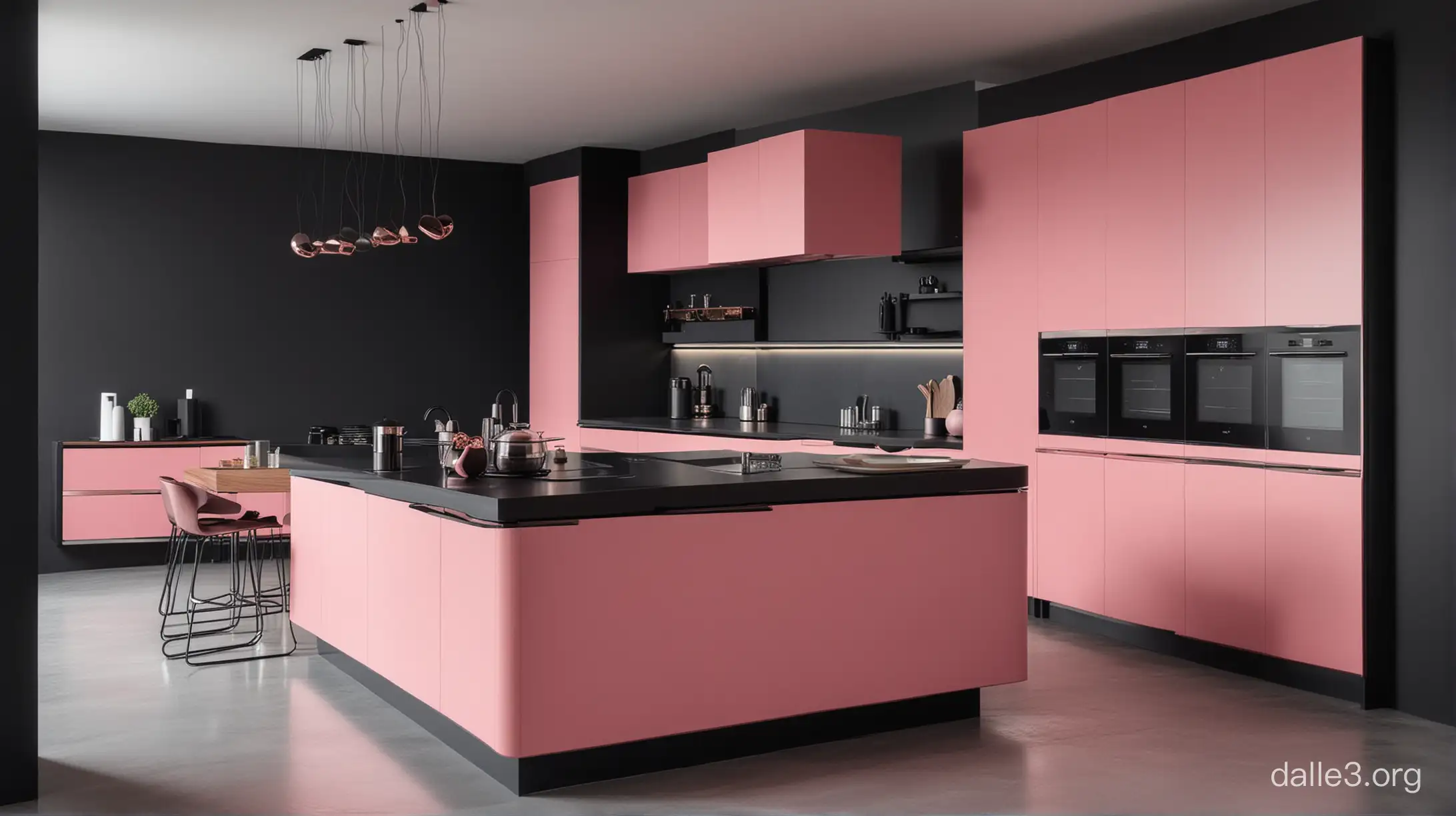 designer kitchen in black and pink and high-tech minimalism style