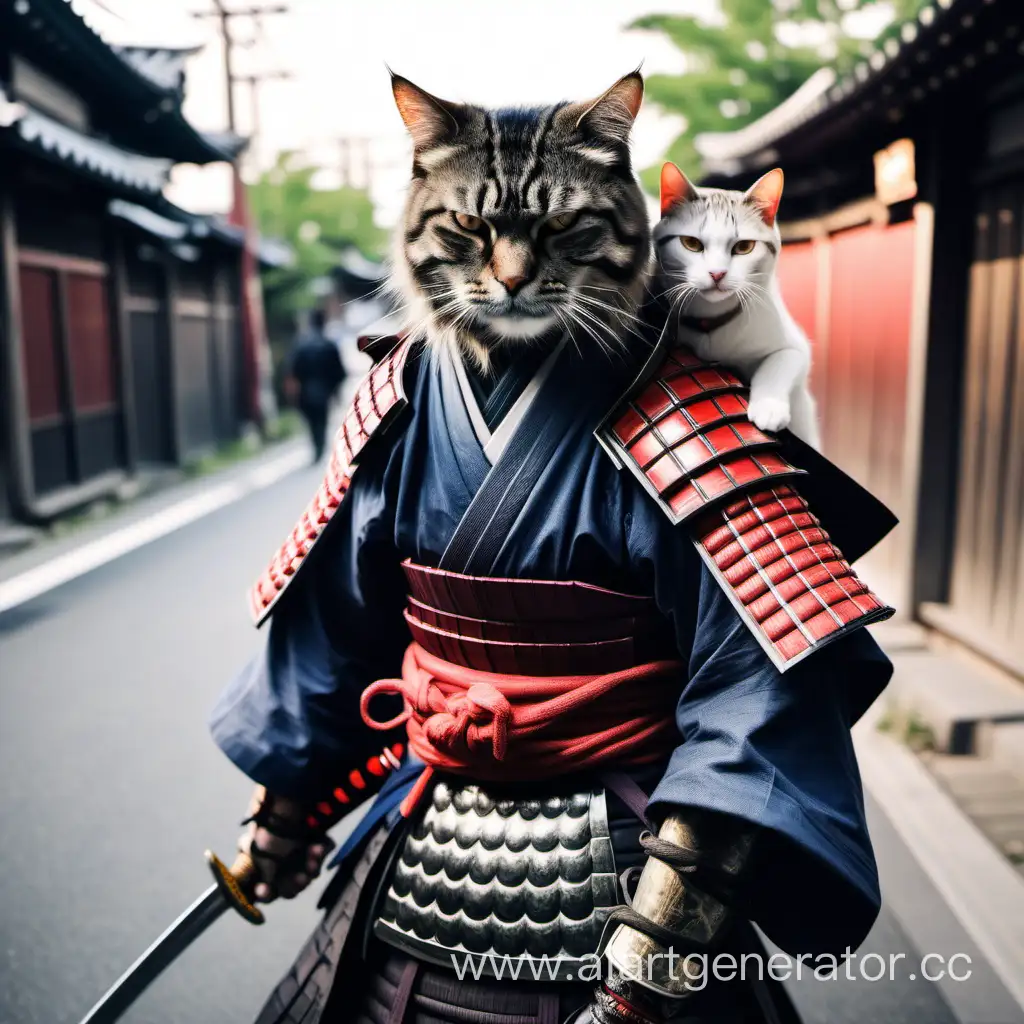 Самурай на улице стоить, в плечи Самурая сидить ужасный кот