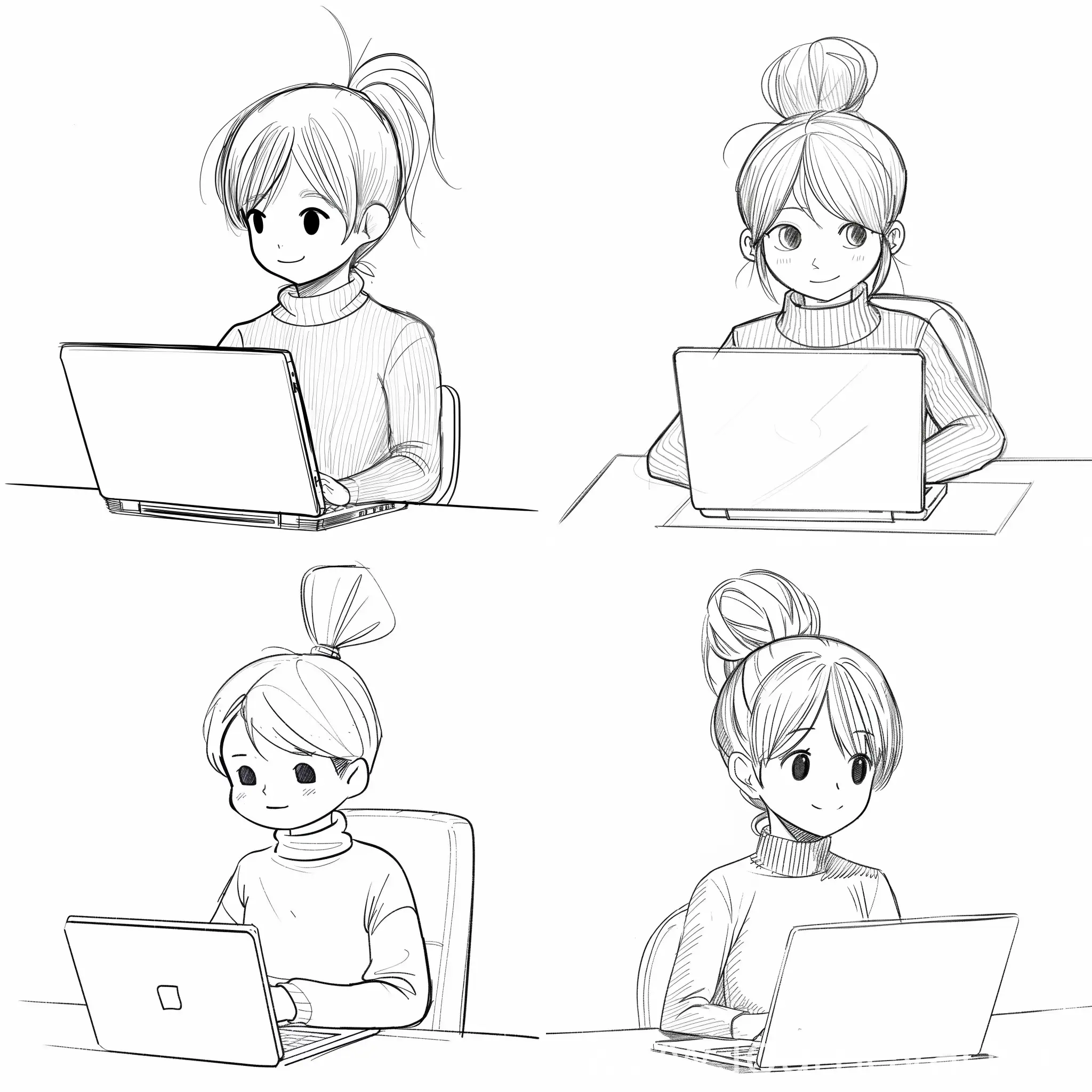 "Create a black and white line drawing of a character that exudes a minimalist and modern cartoon style. The character should have a ponytail that playfully sticks up, indicating movement or a casual style. Their face should be drawn with minimal detail: two dots for eyes, a simple angled line for a nose, and a small line for a mouth to convey contentment. They should be wearing a turtleneck sweater, with the collar lightly sketched.  The character should be seated in front of a laptop, which is open on a table. The laptop should be drawn from a perspective that shows both the screen and the keyboard, angled slightly to give depth. The character’s arms should be positioned as if they are typing, but with hands abstracted out, keeping the focus on the character’s face and posture. The background should be left blank to keep the attention on the character"